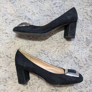 Prada Suede Heels Black Block Heels Buckle Size 40 US 10